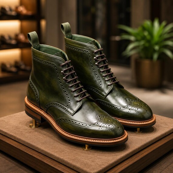 dark green dress boots Handmade Forest Leather Wingtip Brogue for Men Azazie Midi Dresses Sheath Stpattysdaysale Ankle boots day wear Color:Pastel pink