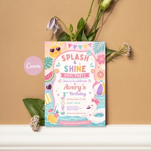 May include: A rectangular pool party invitation card featuring the text Splash & Shine Pool Party, Avery's 3rd Birthday, and event details. The design includes a yellow sun, watermelon, beach ball, pineapple drink, and a white swan pool float.
