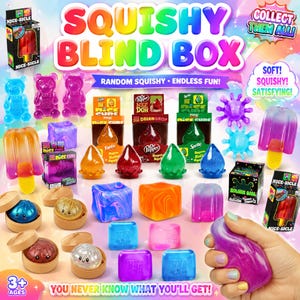 Könnte beinhalten: Eine Squishy Blind Box-Kollektion mit verschiedenen bunten, durchscheinenden und texturierten Squishy-Spielzeugen. Die Artikel umfassen kleine Würfel, Kugeln und Eis am Stiel-Formen in Blau-, Orange-, Lila- und Grüntönen, teilweise in kleinen Schachteln.