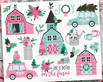 Christmas Farm Clipart, Rustic Farm House, Pink Christmas, Barn svg, Farm House svg - Digital Download | Sublimation Design | SVG, EPS, PNG