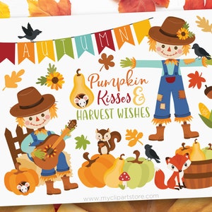 Fall Scarecrow Clipart, Autumn Animals, Harvest, Pumpkins, Wooden Barrel, Crow, Fox, Squirrel, image 1