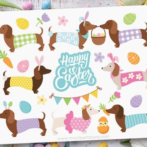 Easter Dogs Clipart, Doxie, Dachshund, Easter Animals, Easter bunny, Easter Eggs Digital Download Sublimation Design SVG, EPS, PNG image 1