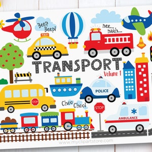 Transportation clipart with cars, trucks, and trains, and various other vehicles.