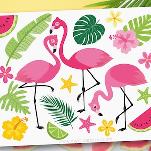 May include: Pink flamingos with black legs and beaks, tropical leaves, yellow and pink hibiscus flowers, watermelon slices, and starfish on a white background.  www.myclipartstore.com