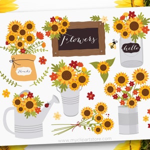 May include: A collection of floral illustrations featuring sunflowers, red and orange flowers, and green leaves. The arrangements are in various containers, including a watering can, a burlap bag with "thanks" text, and a chalkboard with the word "flowers". A bee and ladybug are also included.
