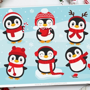 Clipart pingouins de Noël, animaux de l'hiver, renne, bonnet de Noel, animaux de l'hiver - téléchargement numérique | Conception par sublimation | SVG, EPS, PNG