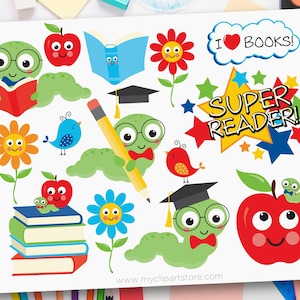 Little Book Worm Clipart, volta às aulas, formatura, professores, insetos, maçã - download digital | Design de Sublimação | SVG, EPS, PNG