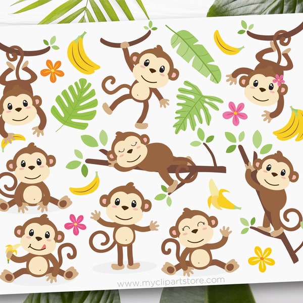 Monkeys Clipart, Monkey svg, Monkey Clip Art, Little Monkeys Wall Art, Safari Animals - Digital Download | Sublimation | SVG, EPS, PNG