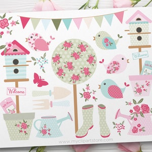 Shabby Chic Garden Clipart, Día de la Madre svg, Birdhouse Clip Art, Spring Garden - Descarga digital / Diseño de sublimación / SVG, EPS, PNG