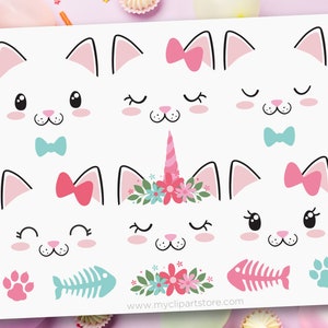 Op de afbeelding: Een wit vel met verschillende kattengezichten, inclusief oren, strikken en snorharen. Sommige gezichten hebben gesloten ogen, andere open ogen. Er is ook een eenhoornkattengezicht, pootafdrukken en visgraten. De tekst "my.clipartstore.com" is zichtbaar.