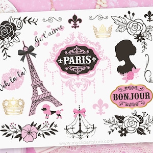 Paris Clipart, Eiffel Tower svg, Parisian Girl, French Lace, Bullet Journalling Digital Download Sublimation Design SVG, EPS, PNG image 1