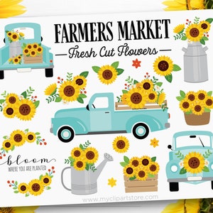 Clipart per camion di girasole, camion vintage blu verde acqua con girasoli, insegna della fattoria, arte stampabile floreale,
