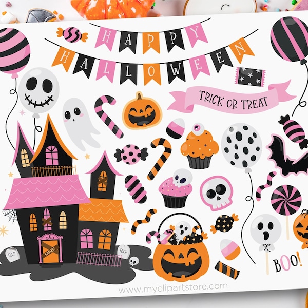 Pink Halloween Clipart, Haunted House, Halloween Candy, Cute Ghost, Kawaii Pumpkin - Digital Download | Sublimation Design | SVG, EPS, PNG