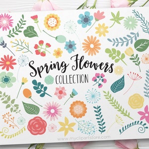May include: A collection of colorful spring flowers and leaves, including pink, yellow, blue, green, and orange. The text "Spring Flowers Collection" is written in black cursive lettering.