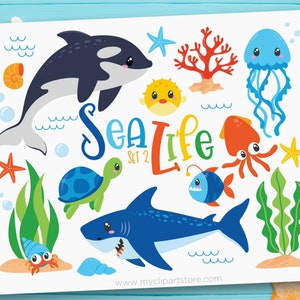 Sea Life Clipart, Shark svg, Whale Clipart, under the sea, Fish Clipart, Nautical - Digital Download | Sublimation Design | SVG, EPS, PNG