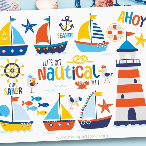 Cute Nautical Clipart, Sailing, Little Sailor, Babyshower, Sailboat svg, Sea, Beach - Digital Download | Sublimation Design | SVG, EPS, PNG