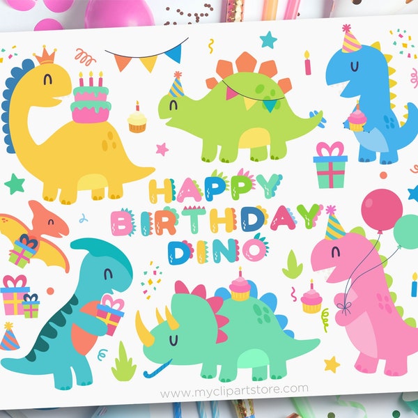 Dinosaur Birthday Clipart, Cute Dinosaur, Dino, Birthday, Balloons, Party, Animals - Digital Download | Sublimation | SVG, EPS, PNG