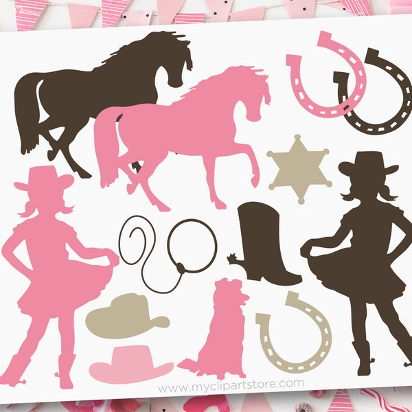 Cowgirl Silhouettes Clipart, Country Girl Clip Art, Little Cowgirl svg, Cowboy Hat svg, Sublimation, SVG, EPS, PNG (Digital Download)