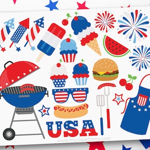 Clipart barbecue du 4 juillet, fête de l'indépendance, Barbecue, feux d'artifice, crème glacée - téléchargement numérique | Conception par sublimation | SVG, EPS, PNG