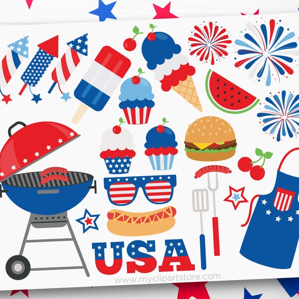 4th of July bbq Clipart, Independence Day, Barbecue, fireworks, Ice Cream - Digital Download | Sublimation Design | SVG, EPS, PNG