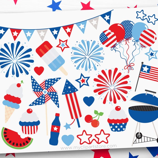 4th of July Party Clipart, USA Independence Day, BBQ svg, Barbecue Clip Art, Fireworks, Digital Download