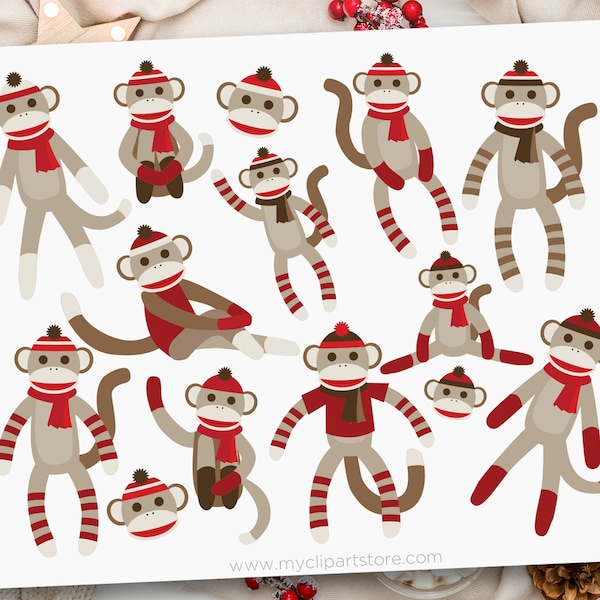 Sock Monkey Clipart, Monkey svg, Christmas Clipart, Winter, Hygge Clipart - Digital Download | Sublimation Design | SVG, EPS, PNG