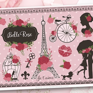 Clipart de San Valentín, silueta de la Torre Eiffel, clip art de rosas, arte de pared imprimible de París,