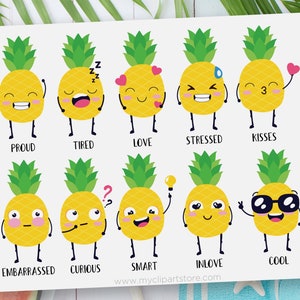 Clipart de abacaxi, abacaxi fofo, clipart Kawaii, clipart de verão, sentimentos, emoji - download digital | Design de Sublimação | SVG, EPS, PNG