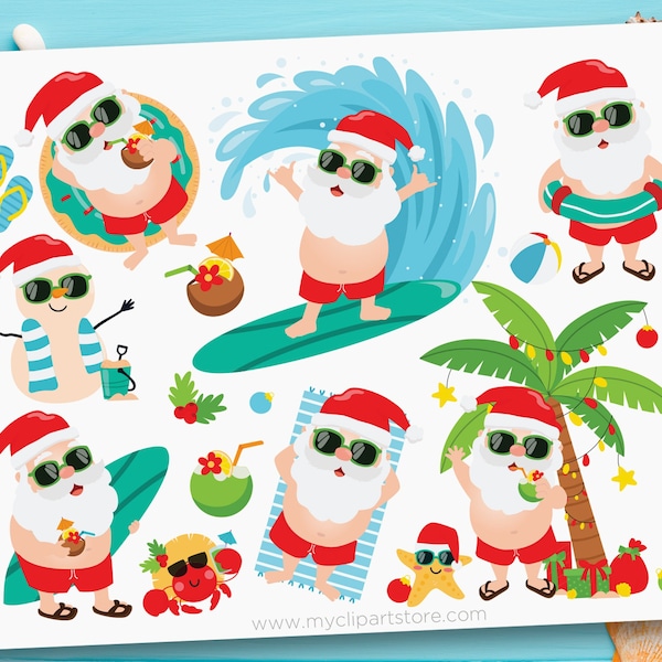 Summer Santa Clipart, Beach Christmas, Tropical Christmas Clipart, Christmas in July - Digital Download | Sublimation Design | SVG, EPS, PN