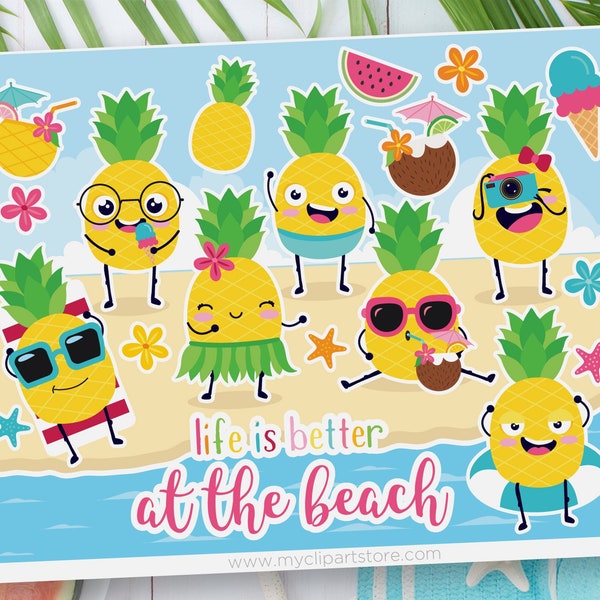 Beach Pineapples Clipart, Pineapple Emoji, Tropical, Summer, Ice-cream, Watermelon, Coconut, Cocktail, svg