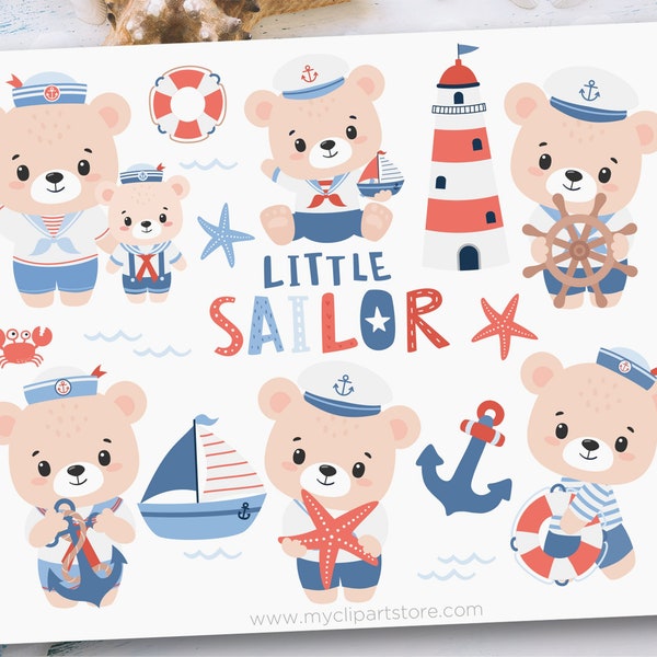 Nautical Bear Clipart, Sailing, Little Sailor, Babyshower, Sailboat svg, Cute Teddy - Digital Download | Sublimation Design | SVG, EPS, PNG