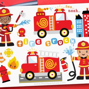 Clipart camion dei pompieri, ragazzo, ragazza, pompieri, camion dei pompieri svg, soccorso antincendio, compleanno - Download digitale / Design a sublimazione / SVG, EPS, PNG