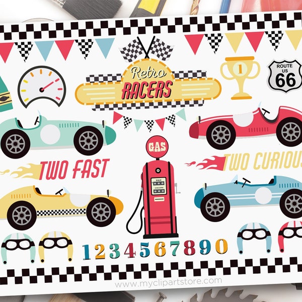 Rennwagen Clipart, Retro-Autos, Zwei, 2 Schnell, Jungengeburtstag, Formel 1, Grand Prix - Digitaler Download | Sublimationsdesign | SVG, EPS, PNG