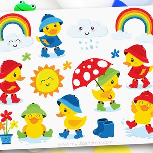 Rainy Day Duck Clipart, Rubber Ducky, Umbrella, Rainbow, Weather, April Shower, Spring Rain,