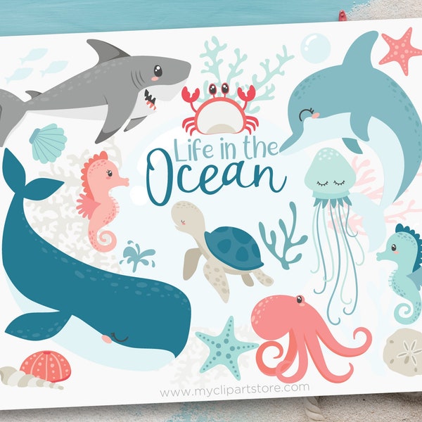 Ocean Life Clipart, Under The Sea, Shark, Whale, Dolphin, Jellyfish, Crab, Sand Dollar, Sea Shells, svg