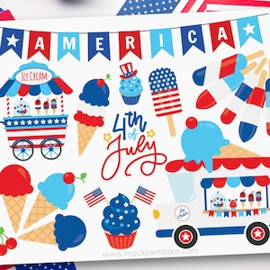 Clipart du 4 juillet, jour de l'indépendance, camion de crème glacée, bonbons, friandises, food truck, beignets - Téléchargement numérique | Sublimation | SVG, EPS, PNG