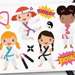 Ragazze Karate Clipart, Tae Kwon Do, Arti marziali, Judo, Sport, Ninja Star, Nunchuck - Download digitale / Design sublimazione / SVG, EPS, PNG