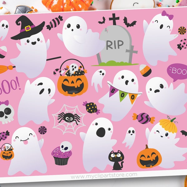 Pink Halloween Clipart, Cute Ghost svg, Kawaii Ghost, Cute Pumpkins, Halloween Candy - Digital Download | Sublimation Design | SVG, EPS, PNG