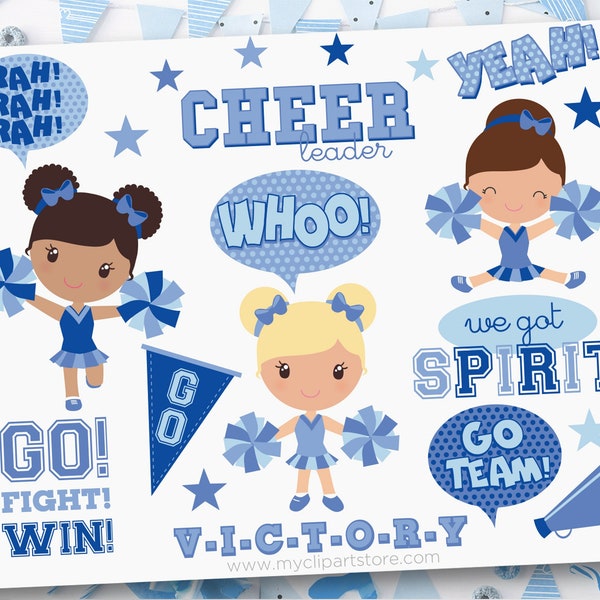Little Blue Cheerleaders Clipart, Girl Team, Sports, Back to School, Athletics, Cheer Practice,