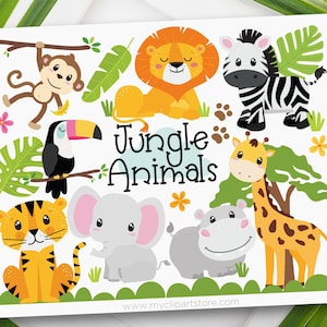 Jungle Animals Clipart, Safari Clip Art, Lion SVG, Hippo Giraffe Elephant Monkey Zebra - Digital Download | Sublimacja | SVG, EPS, PNG