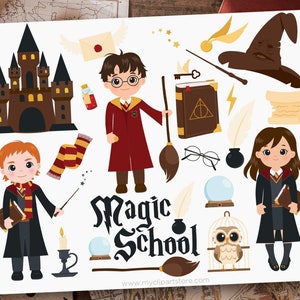 Set di clipart della scuola di maghi, clipart della scuola, SVG della strega, manico di scopa, clipart di Halloween - Download digitale / Design a sublimazione / svg, eps, png