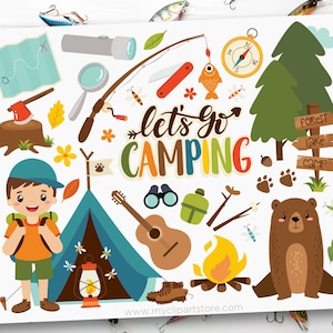 May include: A colorful illustration with camping-themed elements. Includes a tent, bear, campfire, map, compass, fishing rod, and the text "Let's Go Camping." A boy with a backpack is also featured. The image has a playful, cartoon style.