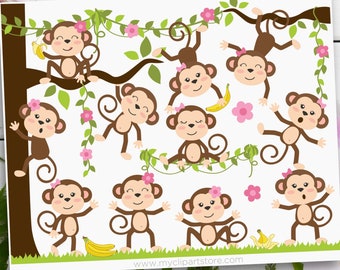 Monkey svg, Monkey Clip Art, Girl Monkey Clipart, 5 Little Monkeys, Jungle Wall Art - Digital Download | Sublimation Design | SVG, EPS, PNG