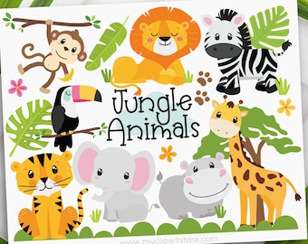 Jungle Animals Clipart, Safari Clip Art, Lion svg, Hippo Giraffe Elephant Monkey Zebra - Digital Download | Sublimation | SVG, EPS, PNG