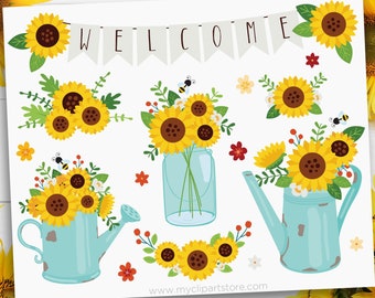 Sunflowers Clipart, Rusty Watering Can, Mason Jars, Rustic Farmhouse Sign, Floral Printable Art,