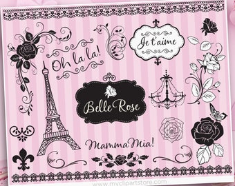 Paris Clipart, Eiffel Tower Silhouette, French Lace, Valentine Clipart - Digital Download | Sublimation Design | SVG, EPS, PNG