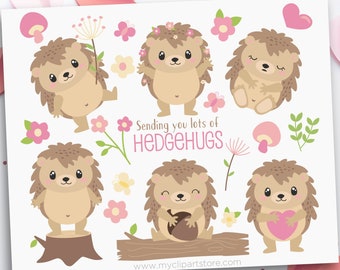 Hedgehogs Clipart, Cute Hedgehog Clip Art, Woodland Animals svg, Spring flowers Printable Wall Art,