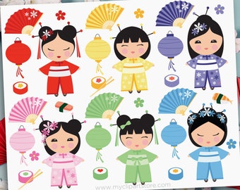 Kokeshi Japanese Dolls Clipart, Japan Girl Clipart, Paper Lantern svg, Sushi Clipart - Digital Download | Sublimation | SVG, EPS, PNG