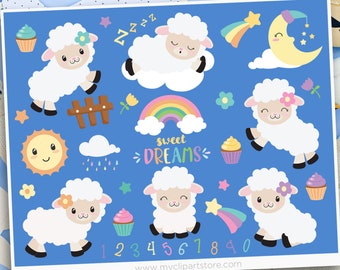 Counting Sheep Clipart, Cute Lamb, Farm Animals, Moon, Stars, Bed Time, Cupcakes, Spring flowers,