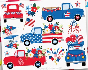 4th of July Trucks Clipart, Independence Day, Pickup Truck svg, Fireworks, Flowers, Balloons - Digital Download | Sublimation | SVG,EPS, PNG
